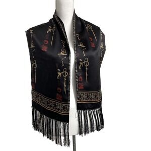 Chicos  Scarf 100% Silk Black Red Tan Asian Symbols Double Sided Fringed whimsig